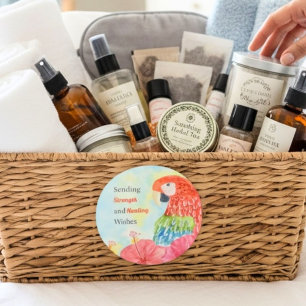 Sticker Rond Soigner les aras carminés avec l'hibiscus rose