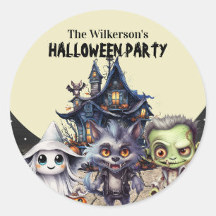 Sticker Rond Soirée costumée d'Halloween et Maison hantée