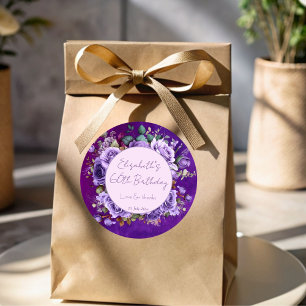 Sticker Rond Soirée d'anniversaire élégante violet roses monogr