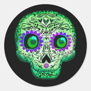 Sticker Rond Soirée d'Halloween en noir avec crâne en sucre ver