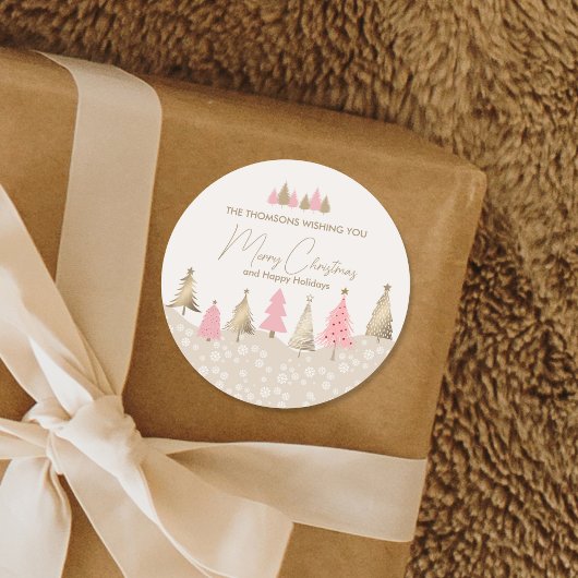 Sticker Rond Soirée d'hiver Elégante Pink Gold Pine Tree