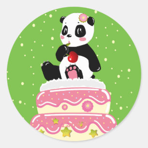Sticker Rond Soirée / Panda mignonne avec gâteau et cerise