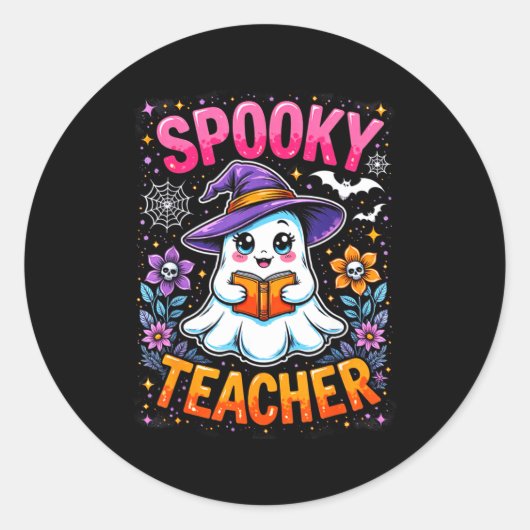 Sticker Rond Soky Teacher Cute Ghost Reading Book Funny Hallo  (Devant)