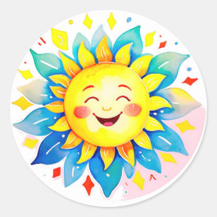 Sticker Rond Soleil de dessin animé joyeux avec visage souriant