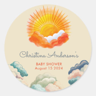 Sticker Rond Soleil et nuages Baby shower rétro gris jaune