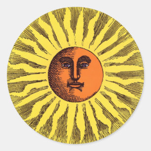 Sticker Rond Soleil Hippie Heureux Souriant Jaune Céleste Vinta