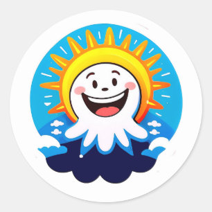 Sticker Rond Soleil joyeux dessin animé avec visage souriant
