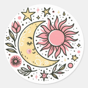 Sticker Rond Soleil Lune Florale rose Jaune Zodiaque Astrologiq