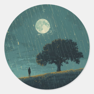 Sticker Rond Solitude Pluvieuse – Illustration d'une Personne S