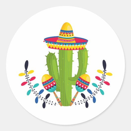 Sticker Rond Sombrero portant Cactus avec Maracas (Devant)