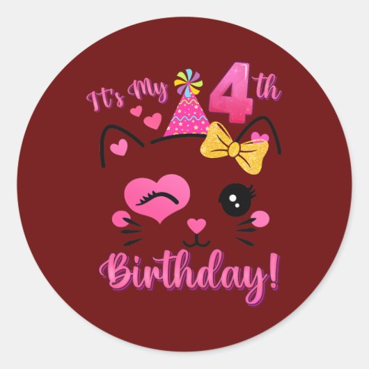 Sticker Rond Son 4 Anniversaire Fille mignonne Chat Anniversair (Devant)