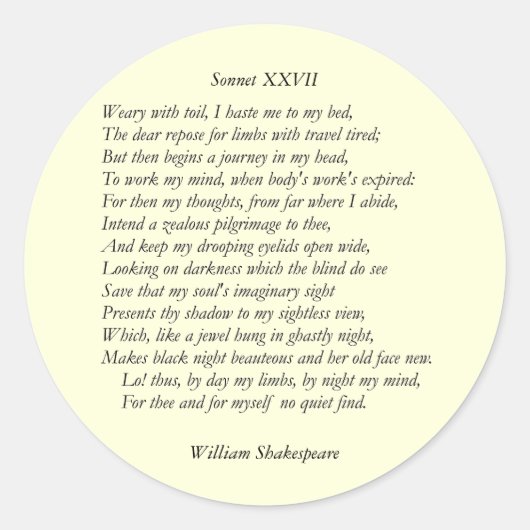 Sticker Rond Sonnet # 27 par William Shakespeare (Devant)