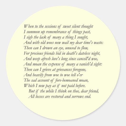 Sticker Rond Sonnet # 30 par William Shakespeare (Devant)