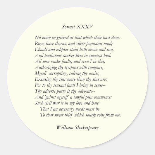 Sticker Rond Sonnet # 35 par William Shakespeare (Devant)