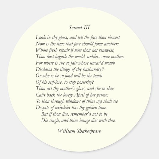 Sticker Rond Sonnet # 3 par William Shakespeare (Devant)
