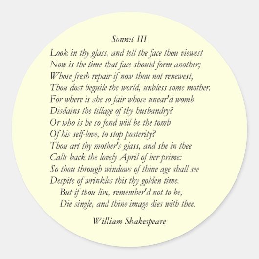 Sticker Rond Sonnet # 3 par William Shakespeare (Devant)