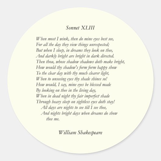 Sticker Rond Sonnet # 43 par William Shakespeare (Devant)