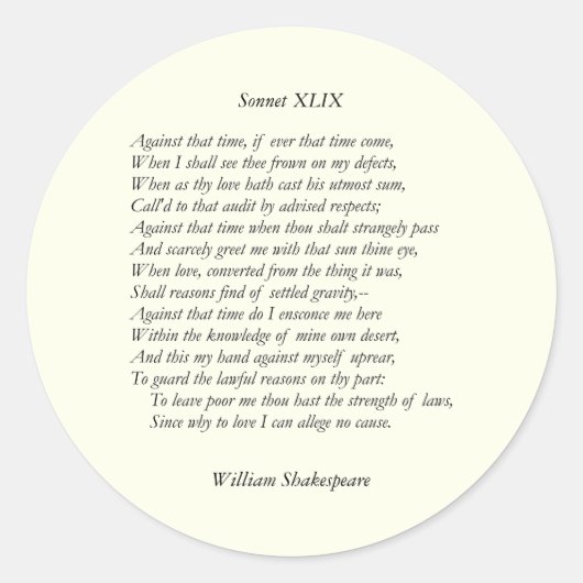 Sticker Rond Sonnet # 49 par William Shakespeare (Devant)