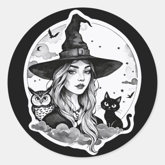 Sticker Rond Sorcière avec un chat et une chouette - Halloween (Devant)