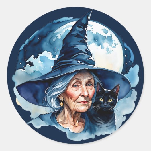 Sticker Rond Sorcière avec un chat - Halloween Wicca 1 (Devant)