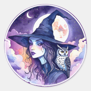 Sticker Rond Sorcière avec un hibou - Halloween Fun 2