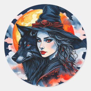 Sticker Rond Sorcière avec un Loup - Amusement des Fans d'Hallo