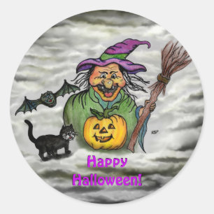 Sticker Rond Sorcière, Chat, Chauve-souris et Citrouille, Bonne