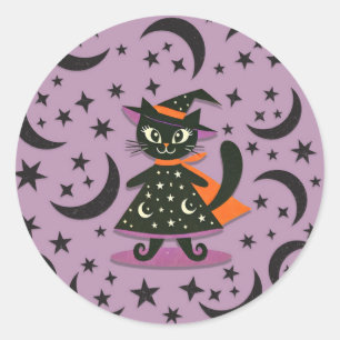 Sticker Rond Sorcière Chat Noir Lune Violette Étoiles Soirée Ha