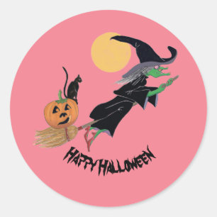 Sticker Rond Sorcière colorée amusante fête d'Halloween