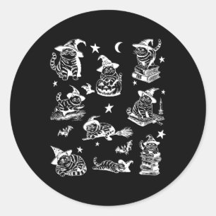 Sticker Rond Sorcière de chat rétro Halloween Citrouille de cha