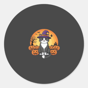 Sticker Rond Sorcière de Halloween Chat Citrouille Lune Design_