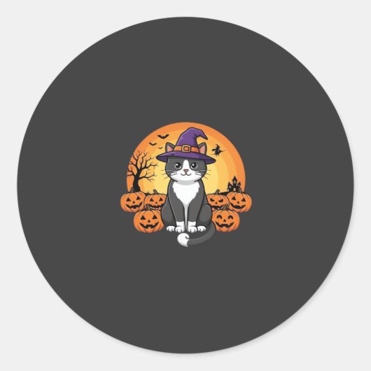 Sticker Rond Sorcière de Halloween Chat Citrouille Lune Design_ (Devant)