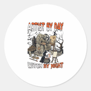 Sticker Rond Sorcière de jour d'artiste Nuit d'Halloween Peintr