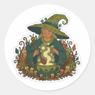 Sticker Rond Sorcière de la forêt fantaisiste Boisson magique