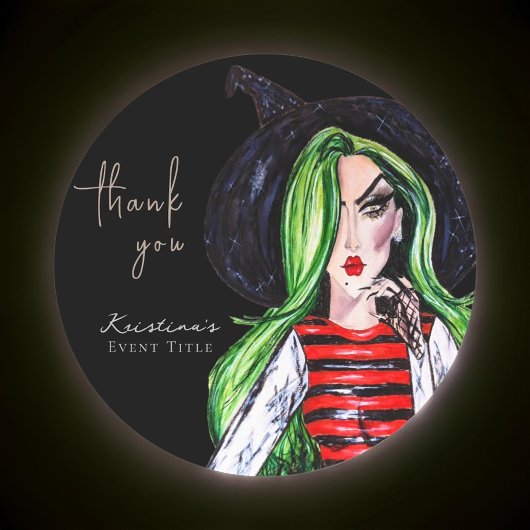 Sticker Rond Sorcière de mode à l'aquarelle noir Merci