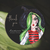 Sticker Rond Sorcière de mode à l'aquarelle noir Merci