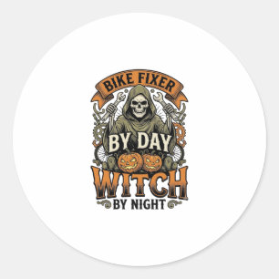 Sticker Rond Sorcière de réparation de vélo vintage Halloween m