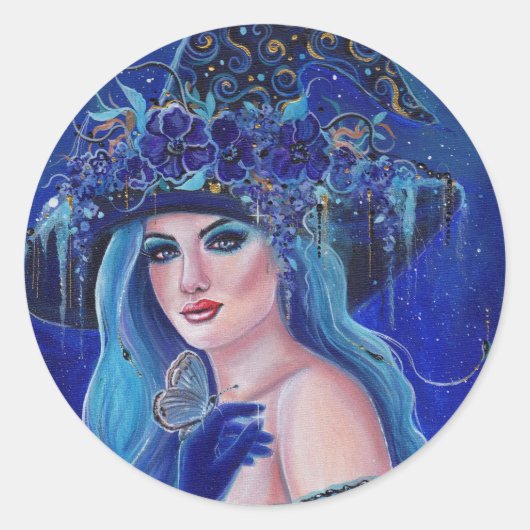 Sticker Rond Sorcière d'Halloween aux papillons de Renée Lavoie (Devant)