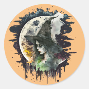 Sticker Rond Sorcière d'Halloween et Pleine lune