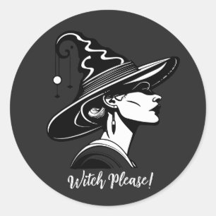 Sticker Rond Sorcière d'Halloween noir et blanc