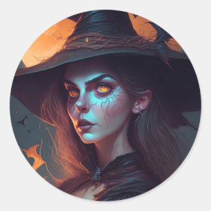 Sticker Rond Sorcière éffrayante avec Arrière - plan Lune Hallo