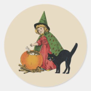 Sticker Rond Sorcière et chat de Halloween vintage, Ellen Claps
