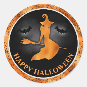 Sticker Rond Sorcière et chauves-souris Orange et noir Joyeux H