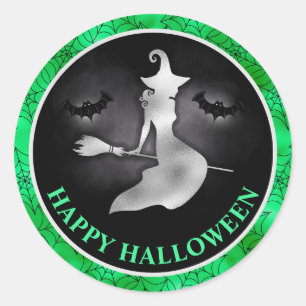 Sticker Rond Sorcière et chauves-souris Vert et noir Joyeux Hal