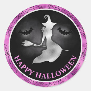 Sticker Rond Sorcière et chauves-souris Violet et noir Joyeux H