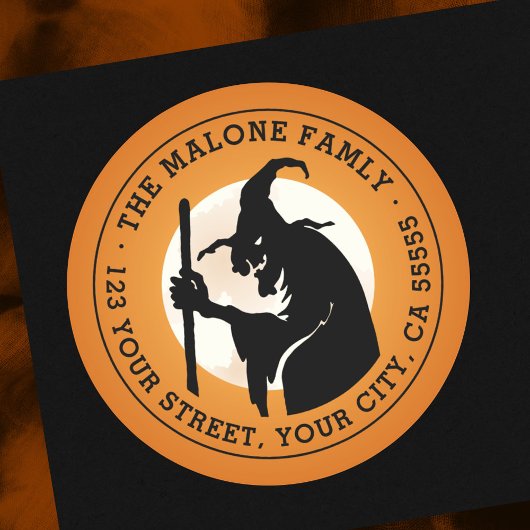 Sticker Rond Sorcière et lune Halloween orange adresse de retou