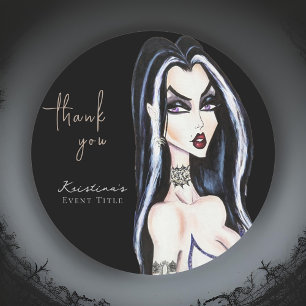 Sticker Rond Sorcière gothique à l'aquarelle Merci Noir