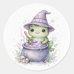 Sticker Rond Sorcière Grenouille avec Chaudron Halloween
