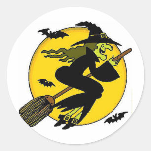 Sticker Rond Sorcière Halloween sur Broomstick