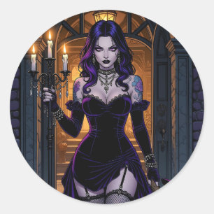 Sticker Rond Sorcière noire et violette avec Halloween Candelab